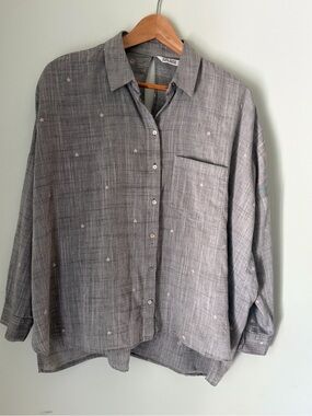 Zara Basic Z1975 Denim Gray Star Embroidered Oversized Button Up Shirt L